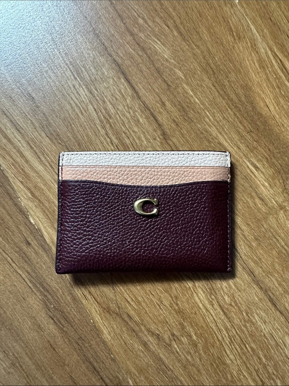 Coach Two-Tone Leather Card Holder in Burgundy and Pale Pink